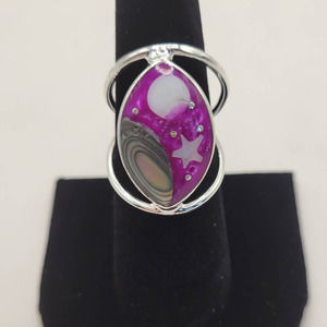 Celestial Scene Silver Ring Large Oval Mosaic Inlaid Stone Size 7.5